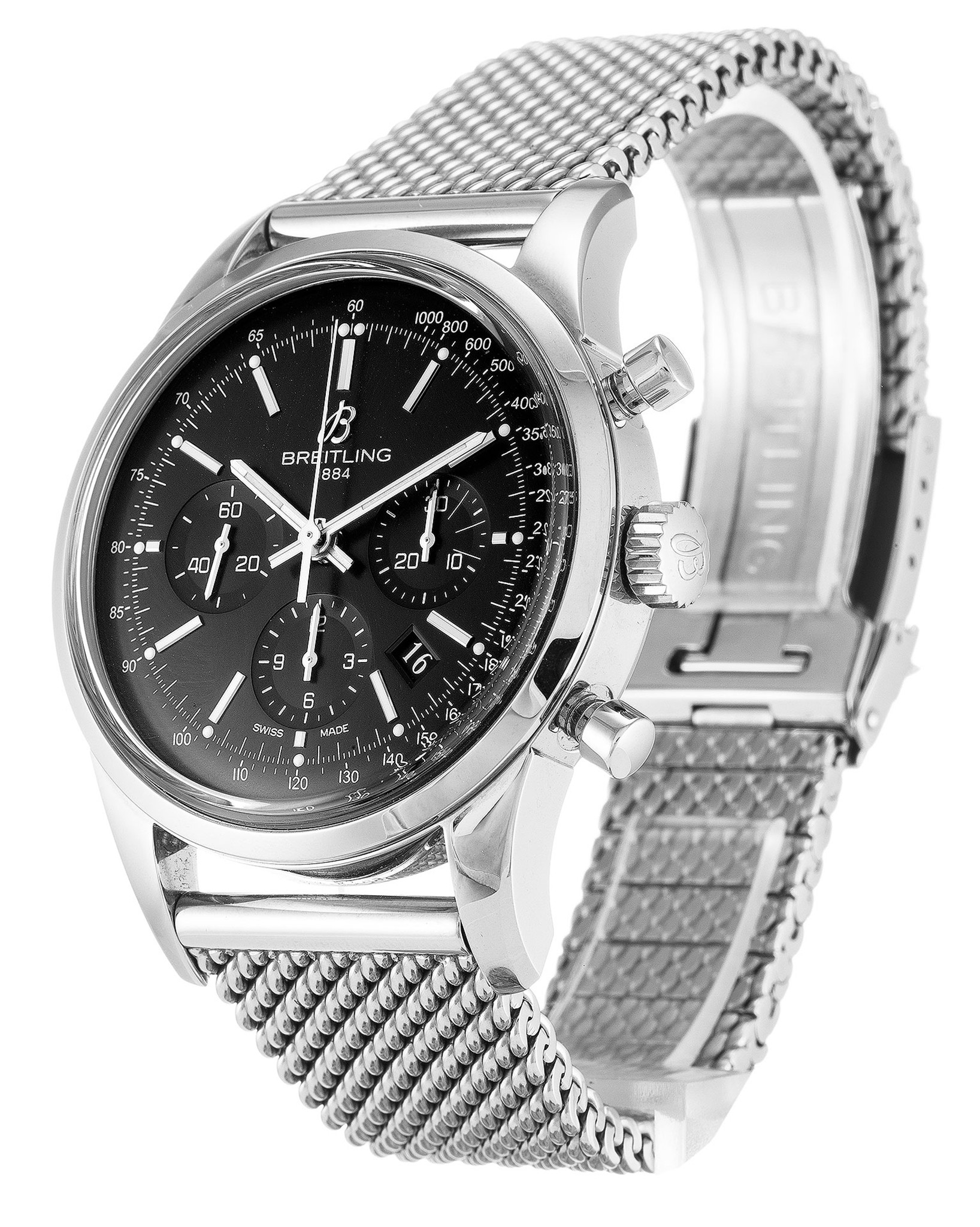 Réplica de la Réplica de cronógrafo transocense Dial negro Correa de acero inoxidable AB0152 43MM