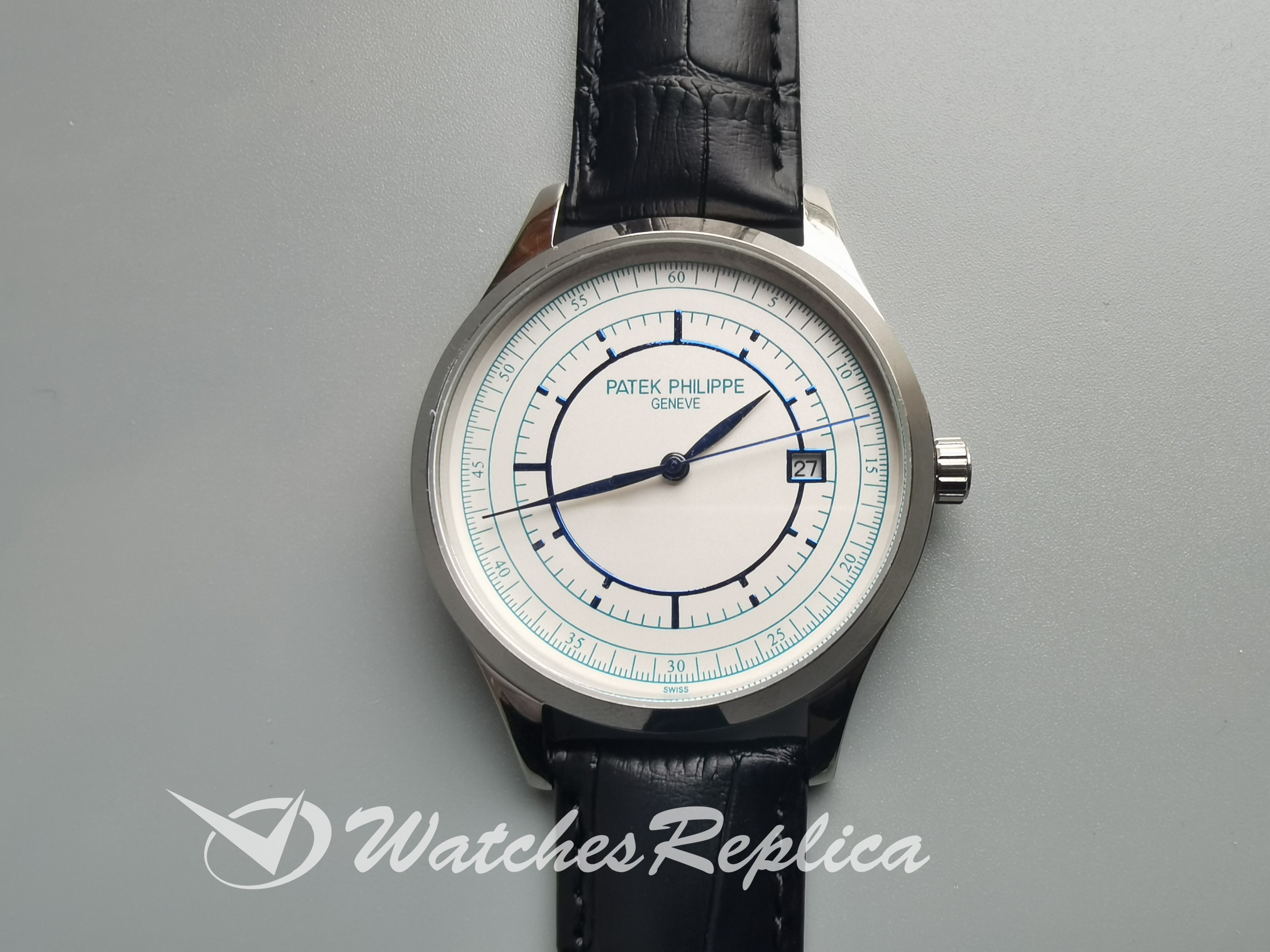 Patek Philippe Calatrava 5296g 38MM de cuero blanco de cuero y plata para hombres Réplicas Relojes