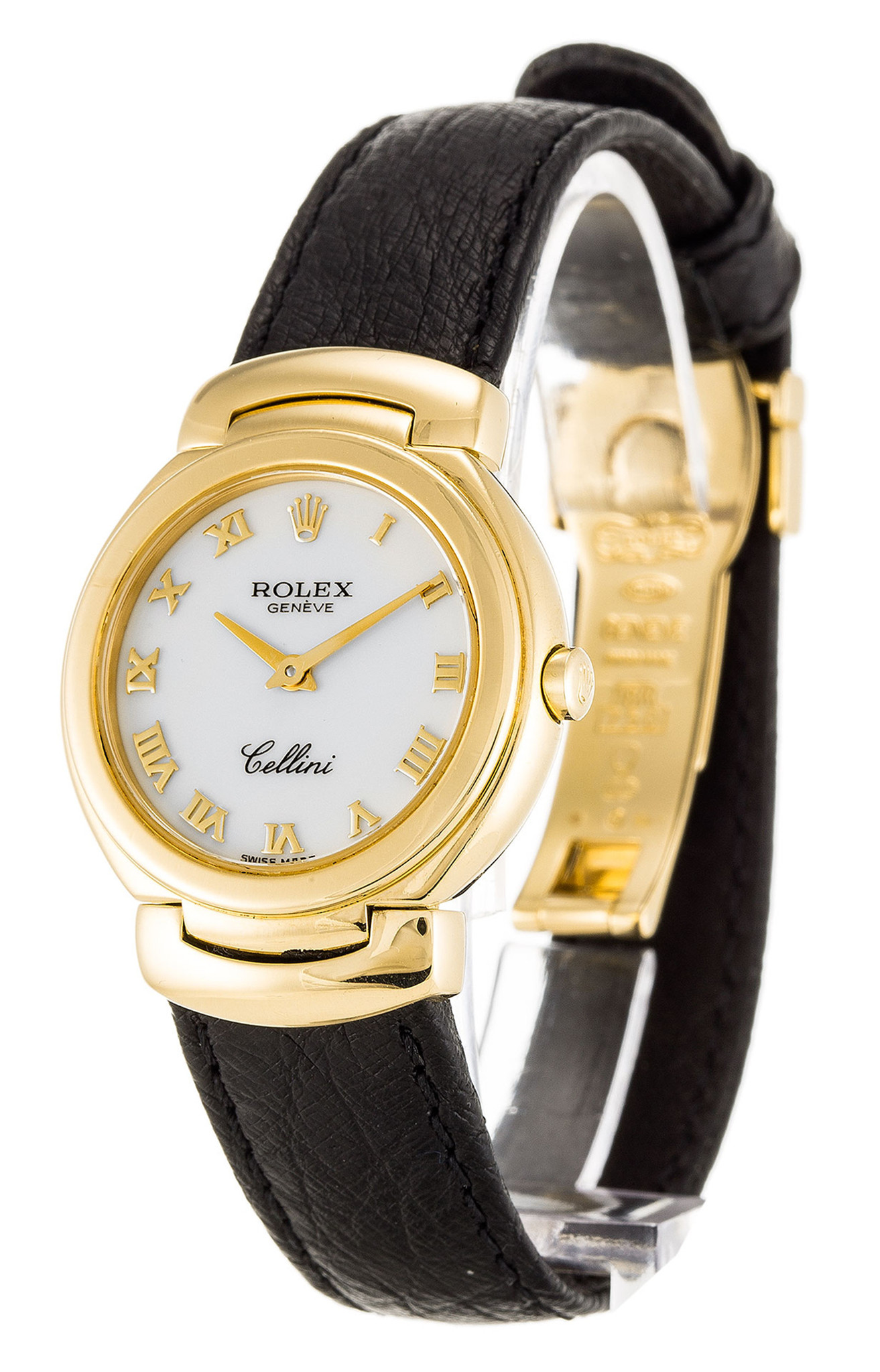 Réplica Rolex Cellini Dama de cuero de cuero dial de oro amarillo 6621/8 26MM