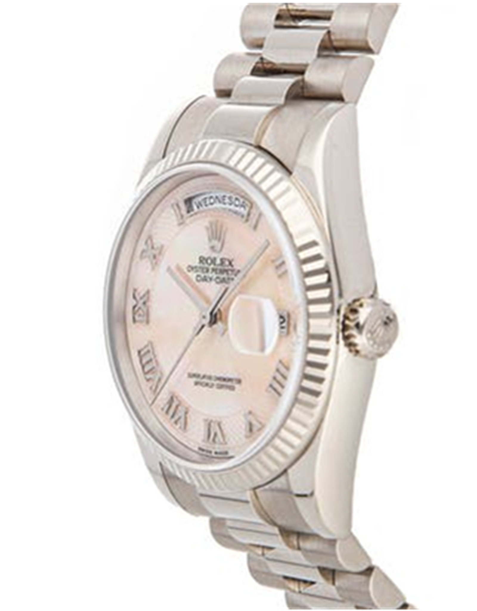 Réplica Rolex Día Date Caso de oro blanco Alrededor de la dial de perla de madre rosa 36MM