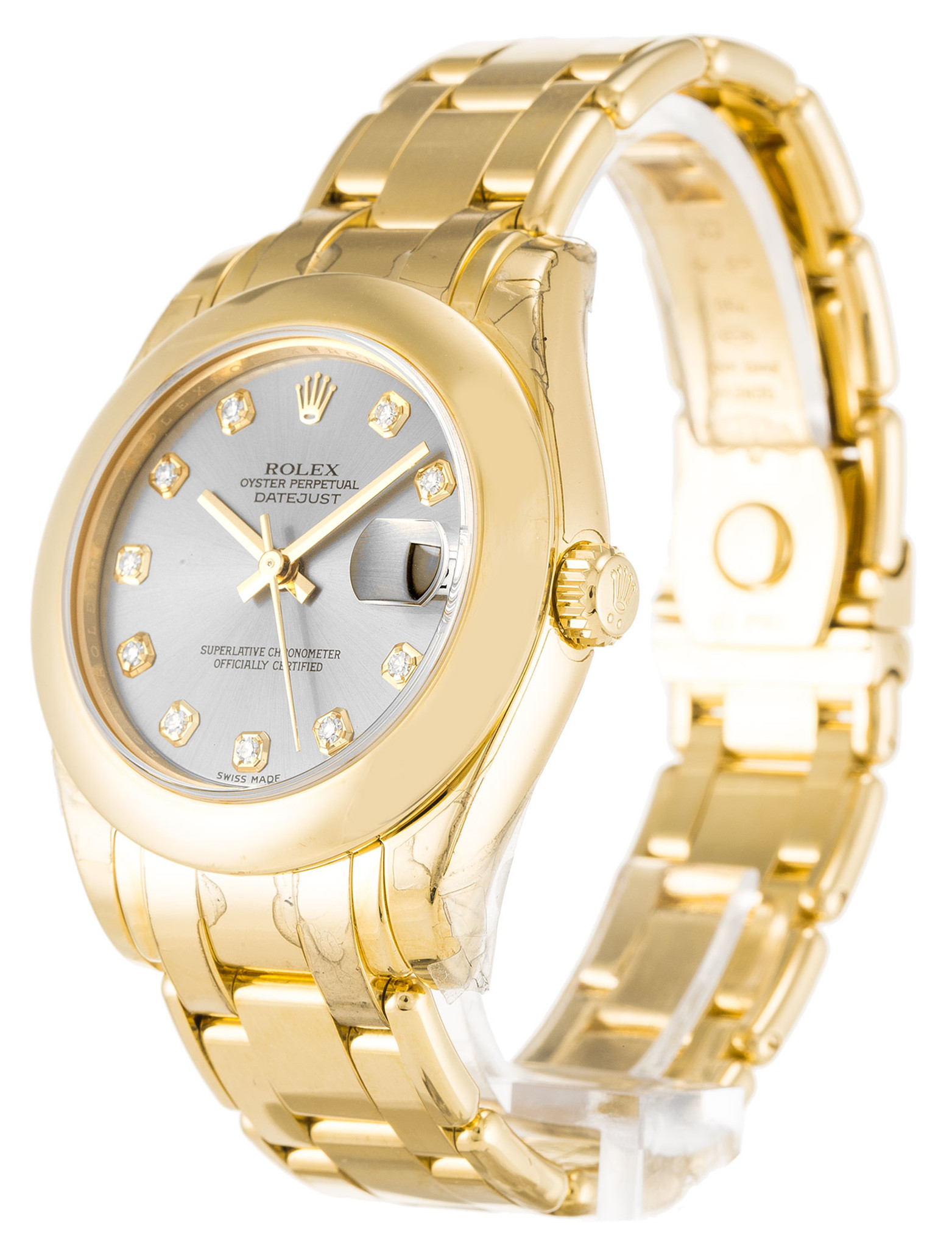 Réplica Rolex Pearlmaster Case de oro amarillo Diamante Markers Mujeres 81208 31MM