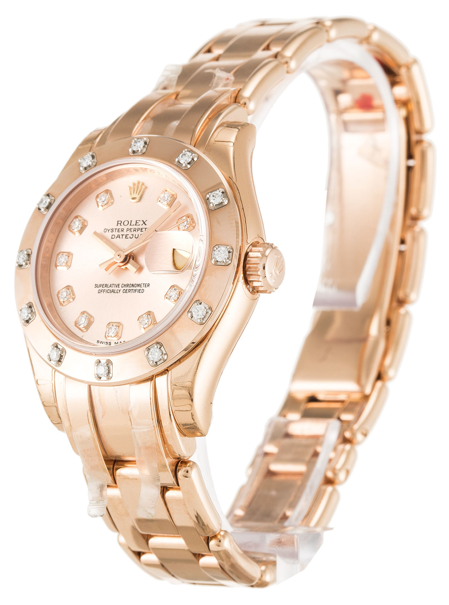 Réplica Rolex Pearlmaster Rose Esfera Dorada Diamante Markers Mujeres 80315 29MM